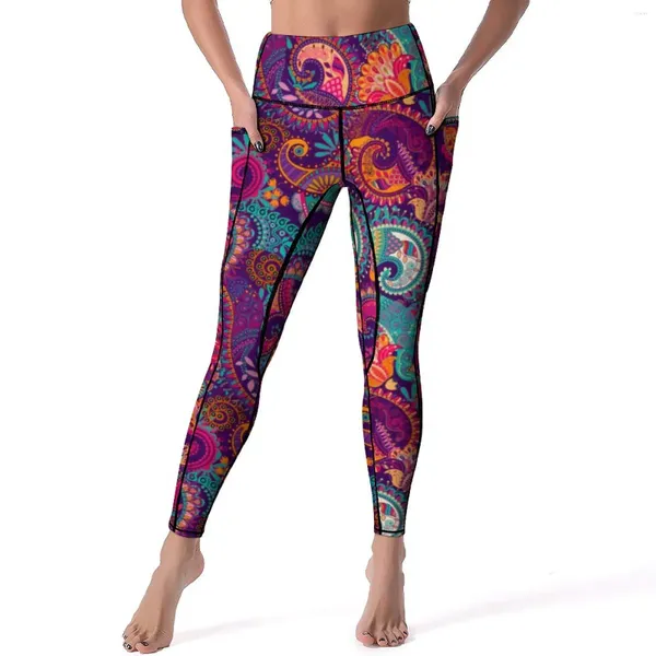 Kadın Tayt Çiçek Paisley Mor ve Turuncu Spor Salonu Yoga Pantolon Yüksek Bel Komik Leggins Esnek Baskılı Spor Taytları XL XXL