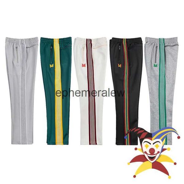 Pantaloni da uomo Needles Track Uomo Donna Pantaloni a farfalla ricamati viola a righe verdi AWGE effimerow