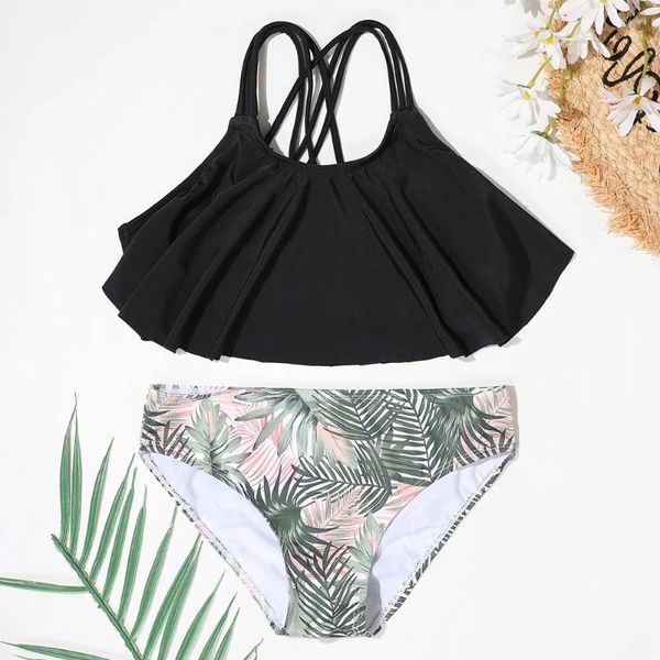 Mulheres Swimwear Meninas Planta Tropical Imprimir Biquíni Maiô Ruffle Flounce Duas Peças Crianças 5-16 Anos Criss Cross Banheira Terno 2024