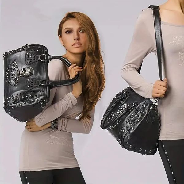 Preto grande capacidade bolsa de ombro habilidade padrão y2k estilo crossbody saco de couro falso casual moda esqueleto punk saco 240116