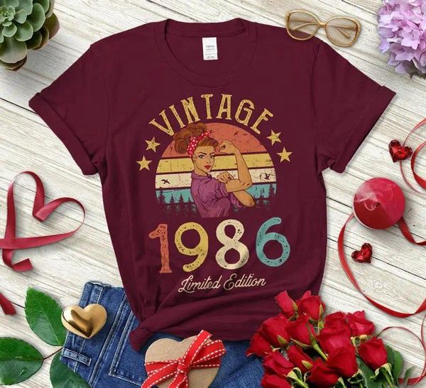 Mulheres Camisetas Vintage 1986 Edição Limitada Retro Womens T-shirt Engraçado 36º Aniversário Presente Ideia Algodão Avó Mãe Esposa Menina Filha