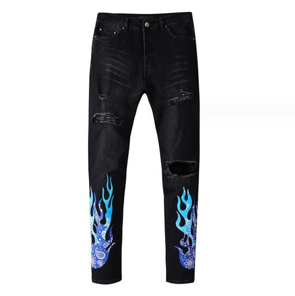 Männer, Herren, Designer-Jeans, gerade Herrenhose, Rip, schmale Passform, mit Patches, Totem, schmal, schwarz, Biker-Denim, Stretch, Motorrad, Knieloch, Hip Hop