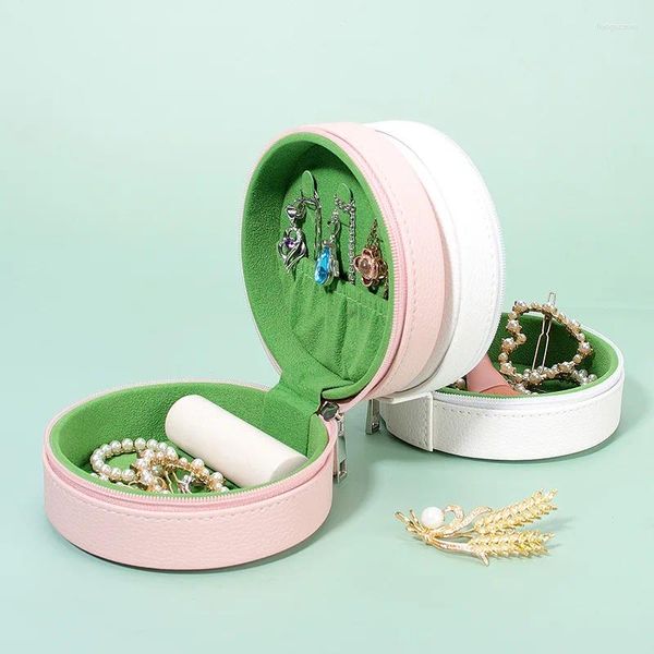 Bolsas de jóias 2024 couro redondo caixa de espelho portátil armazenamento de brincos de grande capacidade