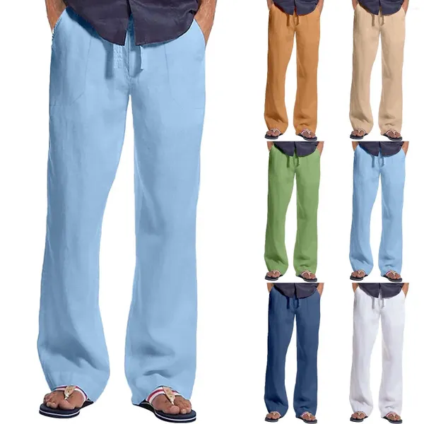 Мужские брюки из хлопка и льна, уличные повседневные однотонные свободные брюки с несколькими карманами на шнурке для мальчиков 9, джинсовые эластичные мужские брюки
