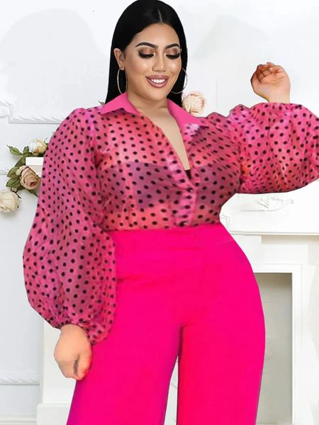 Plus size tops rosa turn down colarinho manga longa puff ver através de organza bolinhas blusa escritório senhora noite camisas de festa topo 240116