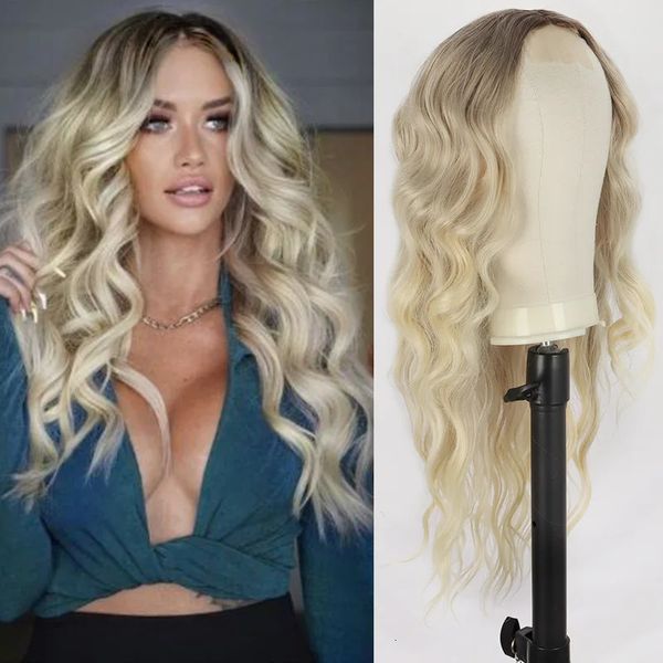 Clássico gradiente peruca festa diária peruca de renda para mulheres em ondas grandes com cabelo longo encaracolado cabeça cheia peruca sintética fone de ouvido 240115