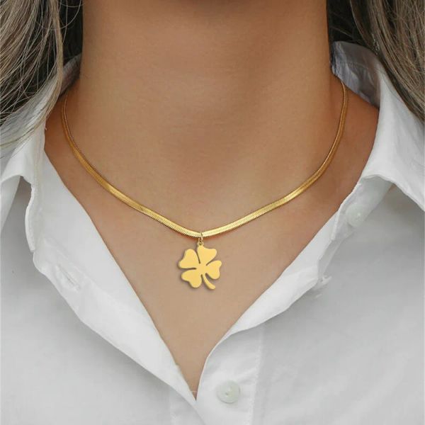 Collana portafortuna con quadrifoglio per donna Moda catena serpente Oro giallo 14k Collane con ciondolo Gioielli girocollo con fascino