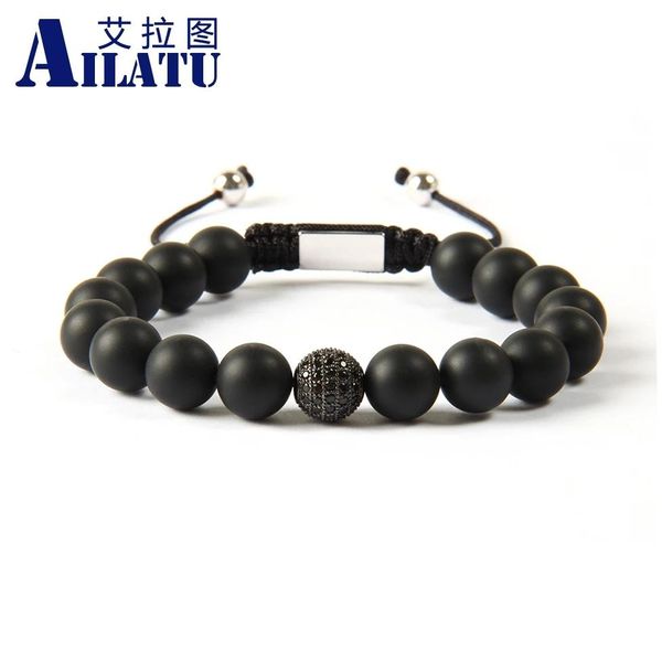 Bracciali Ailatu Nuovo Design All'ingrosso 10 pz/lotto 10mm Pietra Onice Naturale Opaco con Micro Pavimenta Nero Cz Ball Macrame braccialetto per uomo