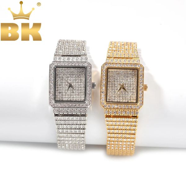 THE BLING KING Damenuhr Edelstahl Iced Out Strass Bling quadratische Form Luxus wasserdichte Armbanduhren 240115