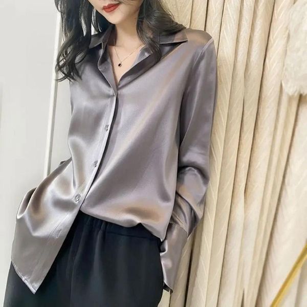 Frauen Blusen Büro Seide Satin Hemd Damen Einfache Bluse 2024 Frühling Herbst Tops Frauen Kleidung Koreanische Lose OL Grau blusas Mujer