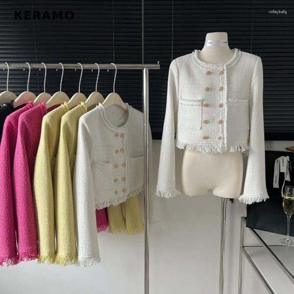 Damenjacken 2024 Herbst Eleganter Luxus-Stil Zweireihige Rundhalsjacke für Frauen Winter-Outwear Lässige Mode Schlanke Quasten Mantel