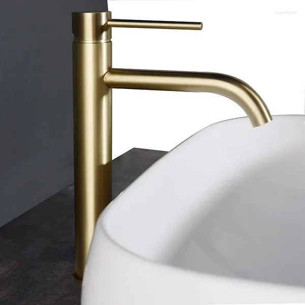 Rubinetti per lavandino del bagno Rubinetto per lavabo in oro Rubinetto per acqua fredda e miscelatore Montaggio su piano Maniglia a foro singolo Stile alto Rosa spazzolato Go