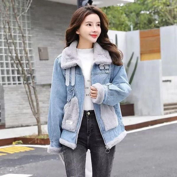 Frauen Jacken Winter Fleece Futter Denim Jacke Frau Mantel Verdicken Warme Kurze Oberbekleidung 2024 Koreanische Basic Mäntel Weibliche Jeans