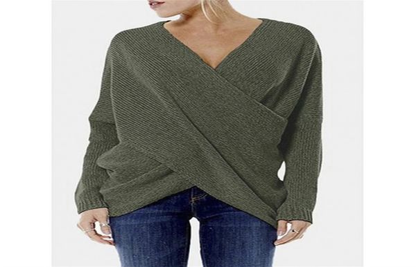 Autunno Inverno Manica a pipistrello Lavorato a maglia Maglione da donna Solid Plus Size Cross Pullover Elegante scollo a V Allentato Maglione oversize Top 240116