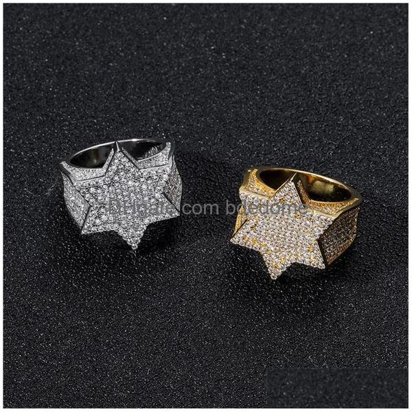 Anéis de cluster Designer Jóias Mens Anéis Ouro Sier Verde Hip Hop Anel de Noivado de Casamento Iced Out Bling Diamond Championship Hexagon Dh7Ch