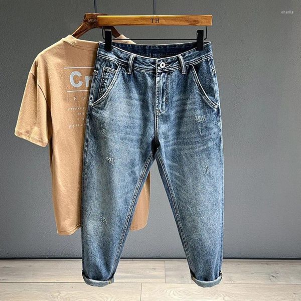 Мужские джинсы 2024, свободные прямые тонкие брюки, модные тренды, повседневные уличные синие джинсовые мужские девятиточечные брюки