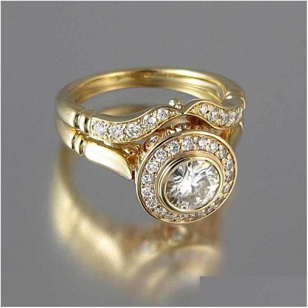 Anéis de casamento luxo feminino anel de casamento conjunto vintage cristal 18kt cor de ouro amarelo empilhável promessa anéis de noivado para mulheres 541 dhklk