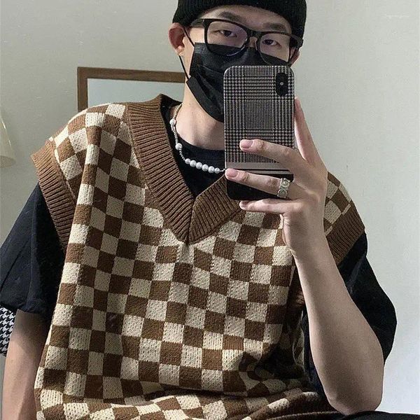 Herrenwesten 2024 Mode Plaid Pullover Männer Pullover Weste Ärmellos Slim Fit Jumper Strickwaren Herbst Koreanische Freizeitkleidung Männlich C15