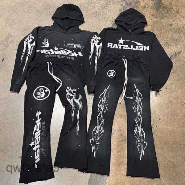 Rock Hip Hop Street Hellstar Hoodies Set Yıkanmış Alev Mektup Baskı Kapşonlu Kazak Erkek Kadınlar Büyük Boyut Cehennem Yıldız Sweatshirt T Down1996 L O E WMVM