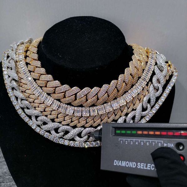 Designer de jóias hip hop gelado para homens mulheres prong cubana link chain 925 prata vermeil colares congelados vvs diamantes moissanite chainhiphop