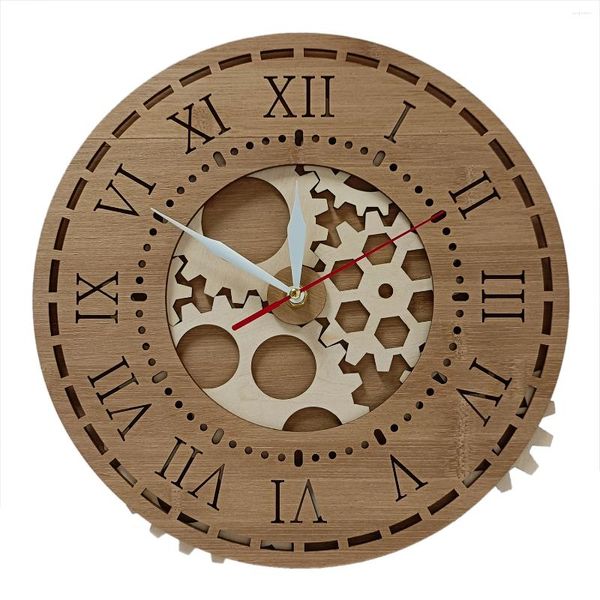 Orologi da parete Orologio in legno tagliato al laser con ingranaggi a 3 strati per la stanza dell'home office Opera d'arte meccanica Decorazione Steampunk Wat naturale ecologico