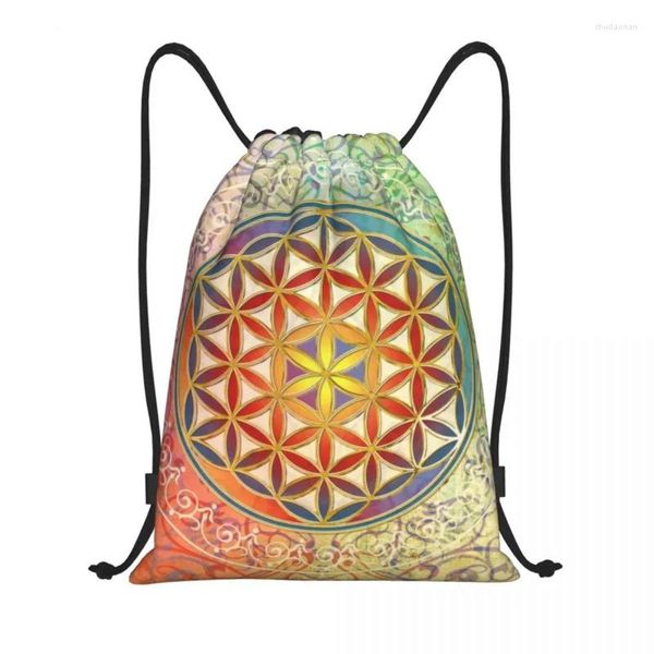 Sacos de compras Flor da vida vintage geométrico cordão mochila esportes ginásio saco para homens mulheres mandala sackpack