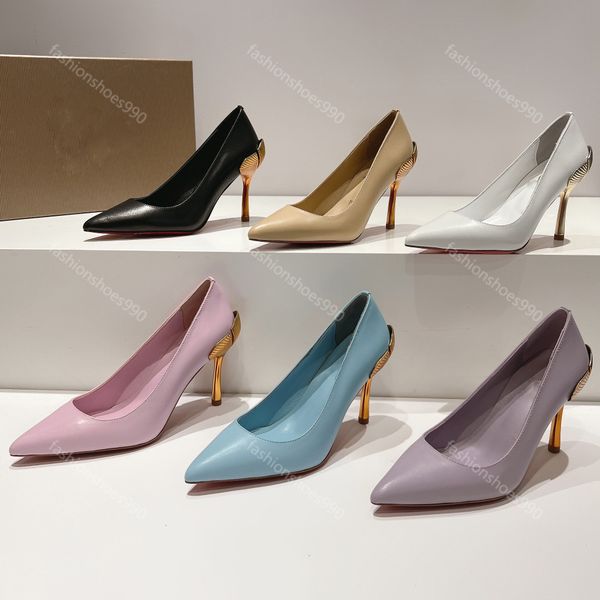 2024 Tacchi gingko dorati Scarpe eleganti Designer Donna Nuove décolleté carriera 8,5 cm Tacco alto in vera pelle Sexy a punta Scarpe da sera da sposa Nude Nero lucido 34-43 Con scatola 10A