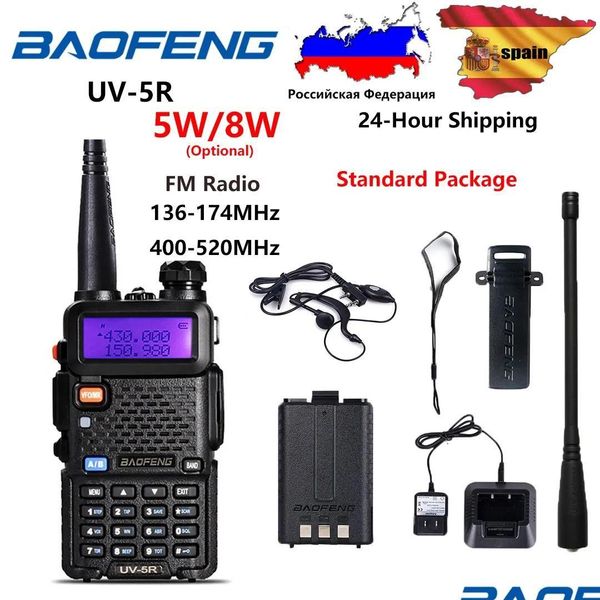 Rádio baofeng uv5r 5w walkie talkie uv 5r 8w presunto fm vhf uhf com fone de ouvido 1800mah bateria entrega gota eletrônica telecomunicações otovk
