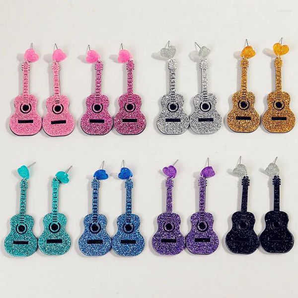 Dangle Brincos Glitter Colorido Acrílico Guitarra Para Mulheres Brilhante Coração Acústico Longo Moda Jóias Presentes