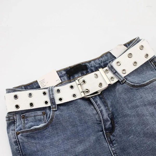Cintos design harajuku cintura larga lona web duplo grommet buraco fivela cinto feminino masculino cinta de cintura para mulheres homens jeans
