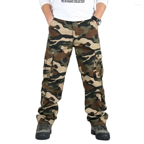 Calças masculinas homens camuflagem carga reta algodão ao ar livre calças de perna larga plus size masculino caminhadas roupas de trabalho 2024 primavera