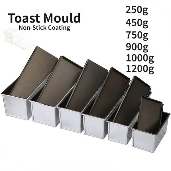 Moldes para torradas 250g450g750g900g1000g, liga de alumínio, revestimento antiaderente, caixas de torradas, pão, forma de bolo com tampa, utensílios para assar 240115