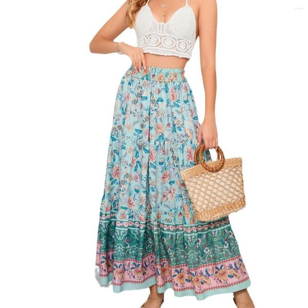 Saias 2024 Bohemian Imprimir Smocked Cintura Maxi Saia Verão Alta Uma Linha Plissada Longa Para Mulheres Casual Férias Praia