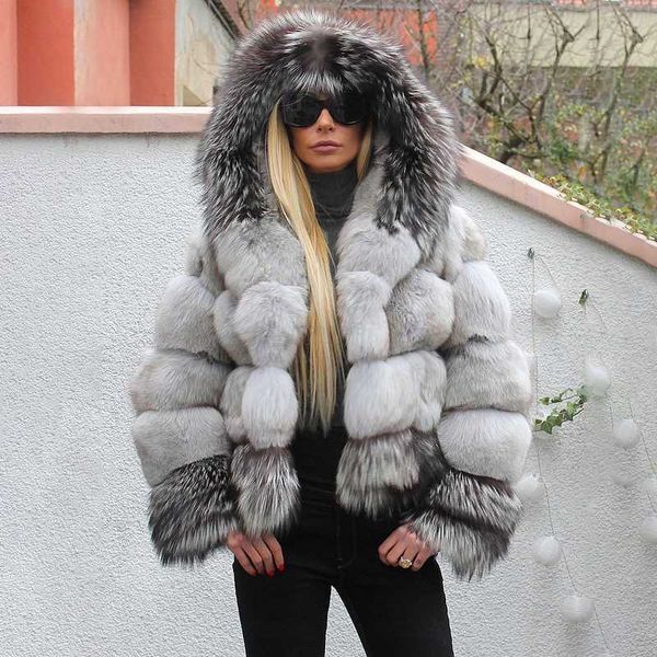 Frauen Pelz Faux Pelz FURSARCAR Frauen Echt Blau Silber Fuchs Pelz Mäntel Mit Kapuze Patchwork Weibliche Winter Jacke Für Dame echte Natürliche Pelz Hoodie LJ201203