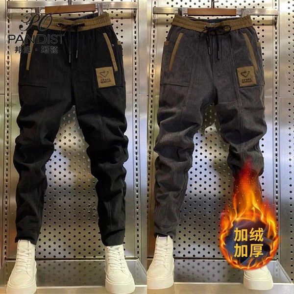 Calças masculinas outono e inverno coreano sweatpants homens casuais com cintura elástica velo calor roupas de luxo baggy masculino