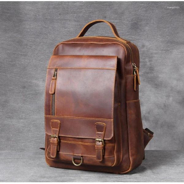 Rucksack Hohe Qualität Vintage Braun Top Grain Echtes Crazy Horse Leder A4 14'' Laptop Frauen Männer Rindsleder Reisetasche M6588