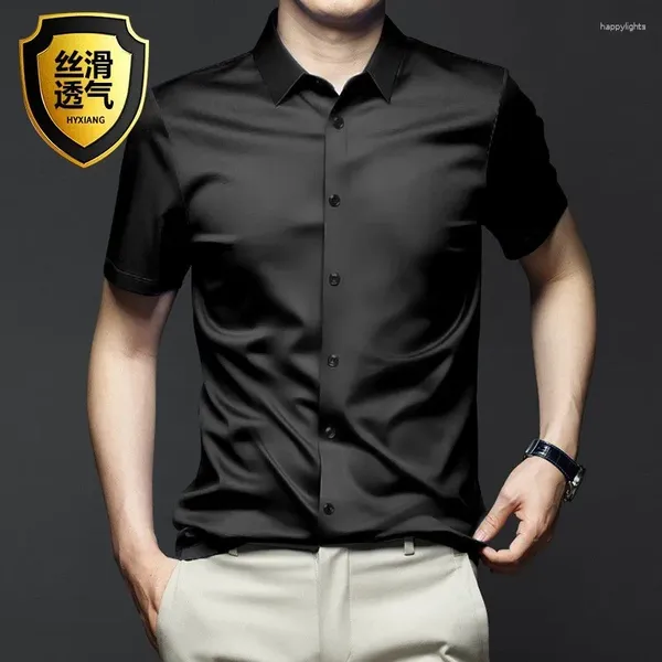Мужские классические рубашки 6XL Летняя официальная рубашка с коротким рукавом Роскошная устойчивая к морщинам Негладкая однотонная деловая повседневная рубашка из ледяного шелка NS5835