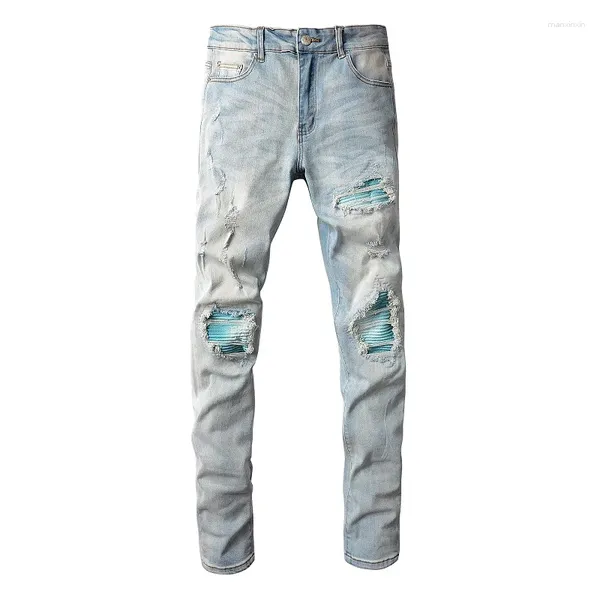 Jeans masculinos EU Drip Denim Luz Azul Angustiado Bigode Costelas Patchwork Slim Fit Danificado Buracos Stretch Rasgado
