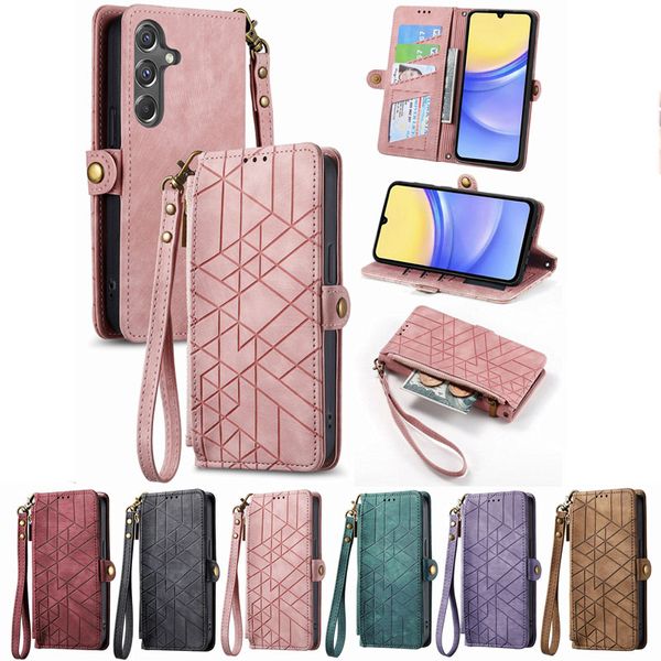 Capas para Huawei Nova 12 Pro 11 SE Ultra Honor 100 Pro Mate 60 Xiaomi 14 Redmi 13C Note 13 Retro Zipper PU Carteira de couro Geometria Slot para cartão Bolso Flip Cover Holder Bolsa