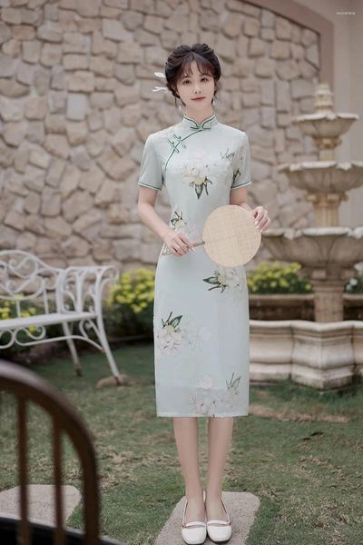 Abbigliamento etnico Beige Verde Stile cinese Cheongsam Vintage Plus Size Abito da principessa Donna Fashion Party Qipao M a 4XL S2472