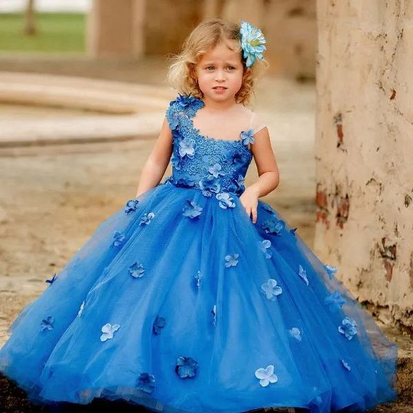 Vestidos florais azuis para meninas, joias feitas à mão, flores, princesa, rainha, vestido de comunhão, tule em camadas, primeiro aniversário, filha e mãe, vestidos de casamento f032