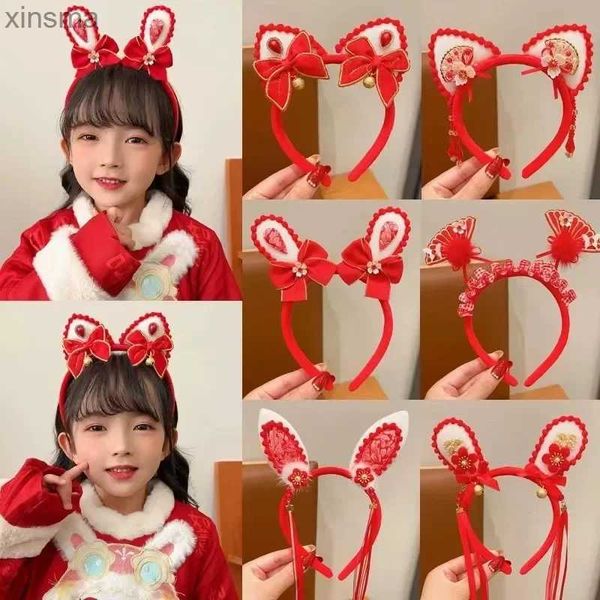 Headbands Red Plush Rabbit Ears Headband Bow Bells Lolita Cosplay Prop Cute Girls Party Ear Headwear Headbands Head Hoop para Crianças YQ240116