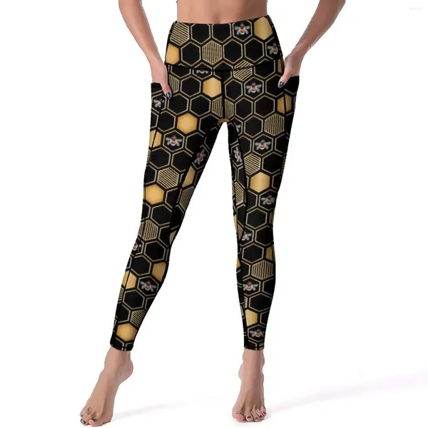 Leggings da donna Api Stampa a nido d'ape Pantaloni da yoga per allenamento geometrico Vita alta Leggins traspiranti Design ad asciugatura rapida Collant sportivi Grandi dimensioni