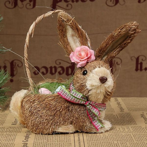 Соломенное украшение в виде кролика, корзина для яиц с начинкой, пасхальный декор, орнамент, фигурка кролика для дома и улицы, весна 240116