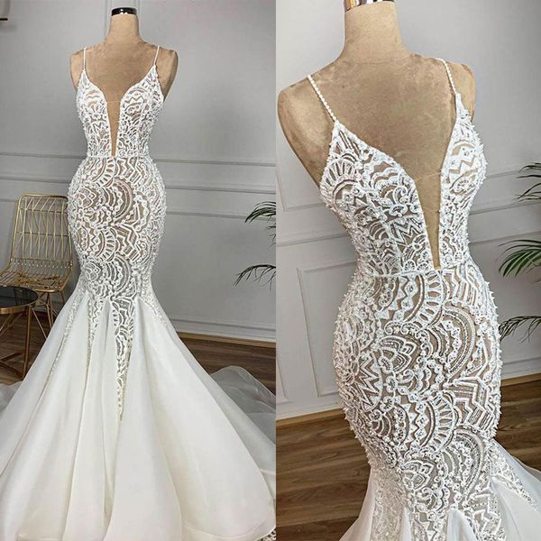 Abiti da sposa sexy a sirena in pizzo vedere attraverso abiti da sposa con scollo a V spalline con volant abiti da sposa su misura