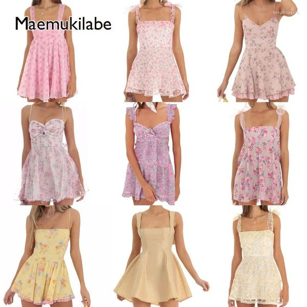 Casual Dresses Maemukilabe Damen Y2K Ärmelloses Minikleid Fee Vintage Blumendruck Spaghettiträger Figurbetont Sexy Low Cut Kurz