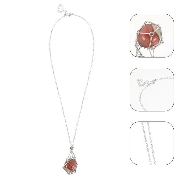 Ожерелья с подвесками, серебряный натуральный кристалл, необработанный камень, сетчатая сумка, металлическое бамбуковое ожерелье, плетеная регулируемая цепочка