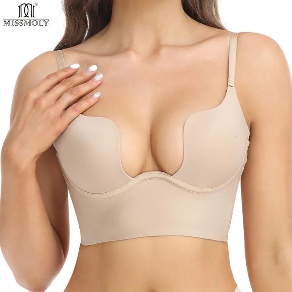 Frauen Sexy Tiefer U-Ausschnitt BH-Former Rückenfrei Push-Up-Brustwäsche MISS MOLY BHs Low Cut Plunge Hochzeitsunterwäsche Fajas Korsetts 240115