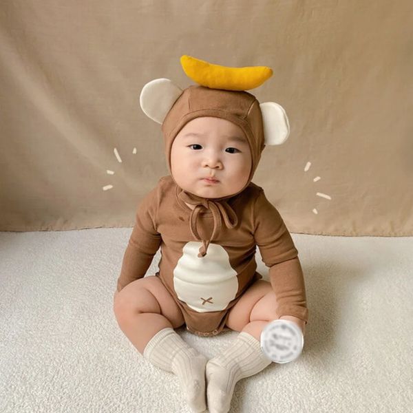 9407 Bebek giysileri sonbahar maymunu muz bodysuit ile saf pamuk doğumlu tırmanma kıyafetleri erkek bebek kız onesies 240116