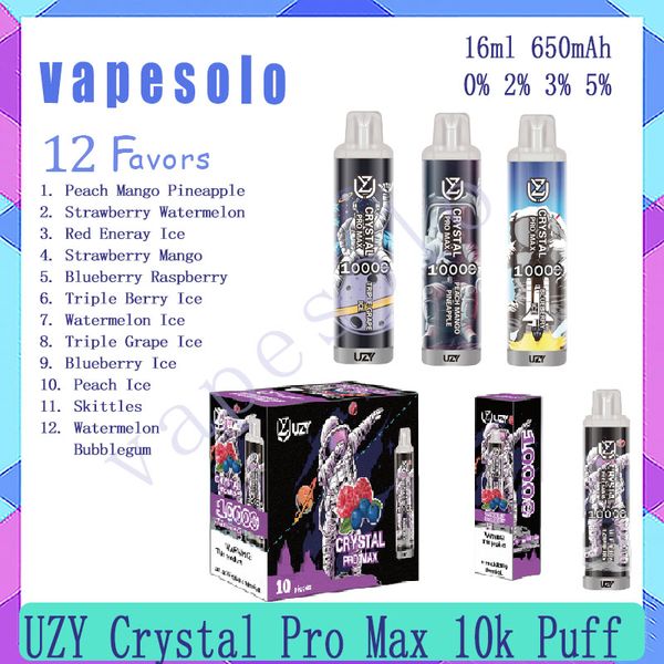 Vendita al dettaglio UZY Crystal Pro Max 10000 Puff monouso per sigaretta elettronica Vape Pen Puffs 16ML Pre-riempito Liquido 650 mAh Batteria 12 sapori Vaporizzatore